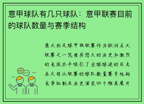 意甲球队有几只球队：意甲联赛目前的球队数量与赛季结构