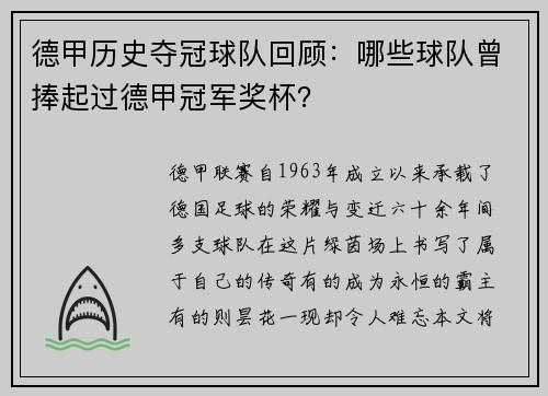 德甲历史夺冠球队回顾：哪些球队曾捧起过德甲冠军奖杯？