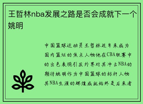 王哲林nba发展之路是否会成就下一个姚明