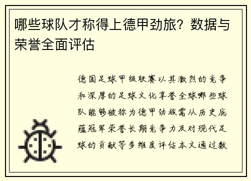 哪些球队才称得上德甲劲旅？数据与荣誉全面评估